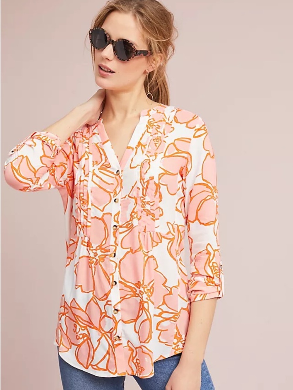 Anthropologie Orange Floral Pintuck Top
